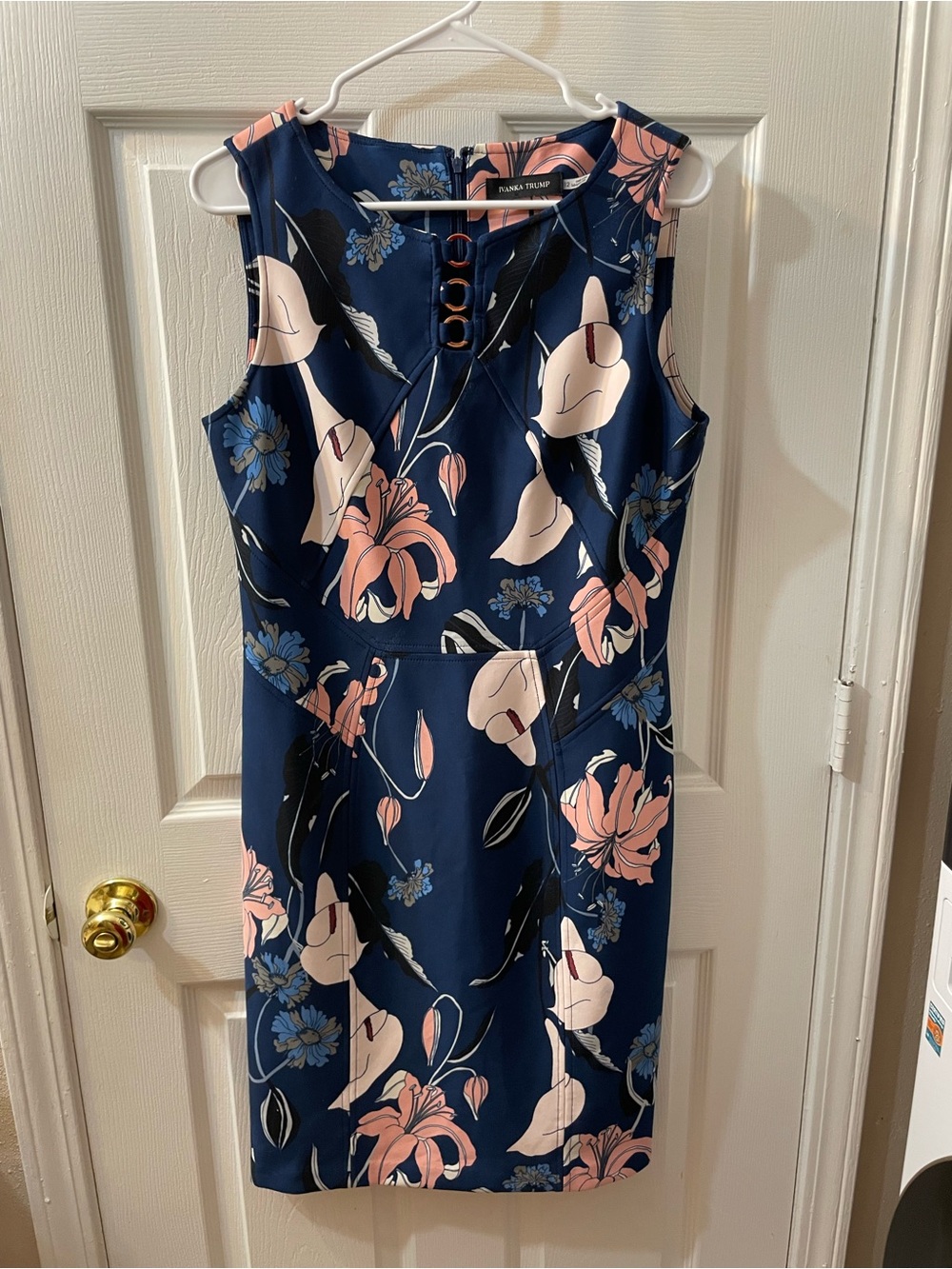 Ivanka Trump Floral Scuba Sheath Dress Navy Blue Pink Sleeveless Knee Length